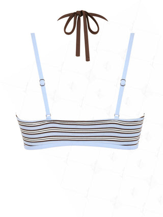 Powder Blue Contrast Binding Ribbed Knit Striped Double Layer Bikini Top