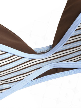Powder Blue Contrast Binding Ribbed Knit Striped Double Layer Bikini Top
