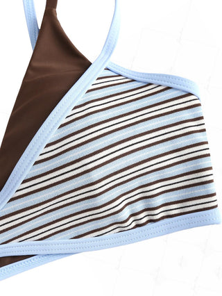 Powder Blue Contrast Binding Ribbed Knit Striped Double Layer Bikini Top