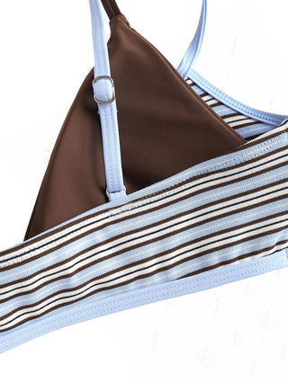 Powder Blue Contrast Binding Ribbed Knit Striped Double Layer Bikini Top