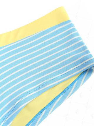 Sky Blue Striped Contrast Binding Triangle Cheeky Boyshorts Bikini Set