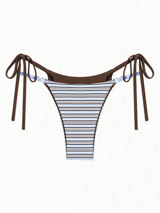 Powder Blue Ribbed Knit Striped String Double Layer Bikini Bottom
