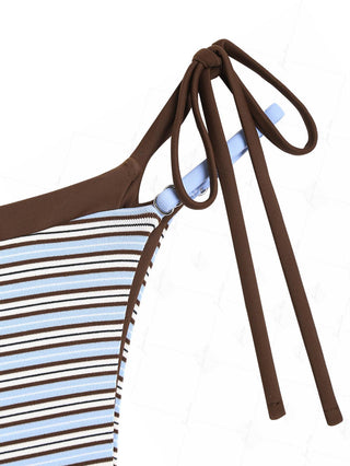 Powder Blue Ribbed Knit Striped String Double Layer Bikini Bottom