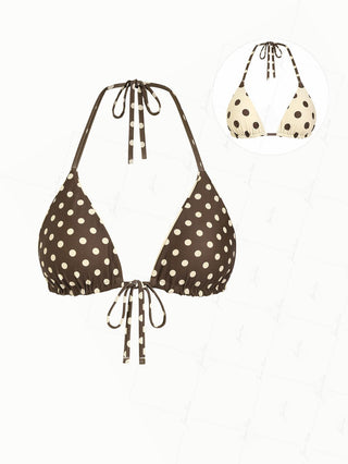 Apricot Polka Dot Print Halter Triangle Reversible Bikini Top
