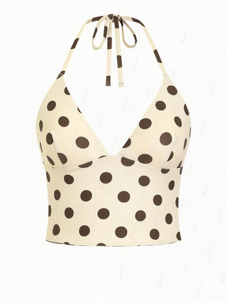 Apricot Polka Dot Halter Tied Back Reversible Tankini Top