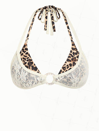 Coffee Leopard Print Contrast Lace O Ring Double Layer Bikini Top