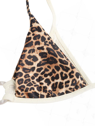 Crystal Cream Lace Leopard Print O Ring Double Layer Top & Cheeky Boyshorts Bikini Set