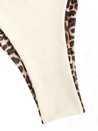 Coffee Leopard Print Contrast Lace O Ring Double Layer Bikini Set