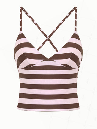 Pink Striped Polka Dot Crisscross Tie Open Back Tankini Top