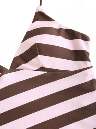 Pink Striped Polka Dot Crisscross Tie Open Back Tankini Top