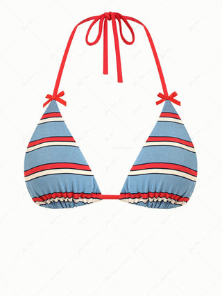 Blue Striped Bowknot Halter Triangle Bikini Top