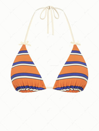 Orange Striped Bowknot Halter Triangle Bikini Top