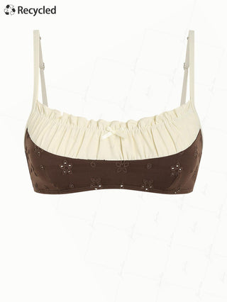 Deep Coffee Recycled Fabric Jacquard Ruched Ruffles Bowknot Bikini Top