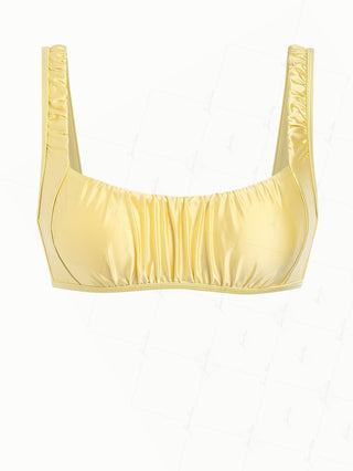 Light Yellow Solid Color Satin Ruched Tank Style Bikini Top
