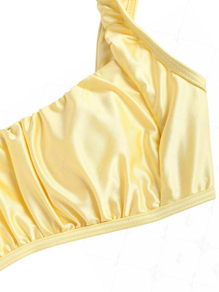 Light Yellow Solid Color Satin Ruched Tank Style Bikini Top
