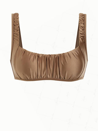 Coffee Solid Color Satin Ruched Tank Style Bikini Top