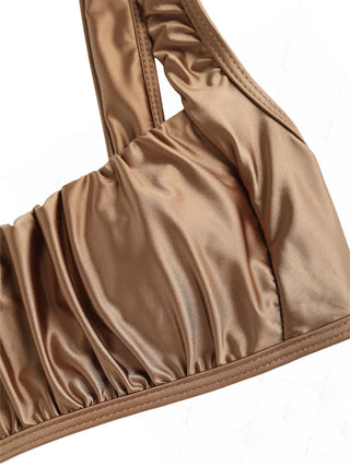 Coffee Solid Color Satin Ruched Tank Style Bikini Top