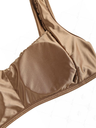 Coffee Solid Color Satin Ruched Tank Style Bikini Top