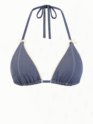 Deep Blue Denim Lace Bowknot Halter Triangle Bikini Top