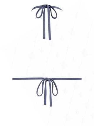 Deep Blue Denim Lace Bowknot Halter Triangle Bikini Top