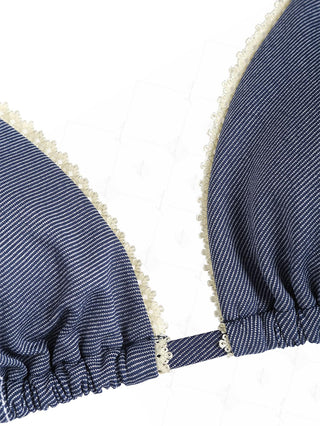 Deep Blue Denim Lace Bowknot Halter Triangle Bikini Top