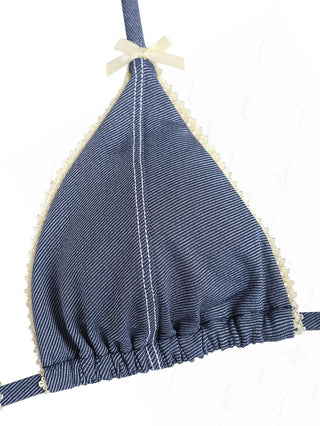 Deep Blue Denim Lace Bowknot Halter Triangle Bikini Top