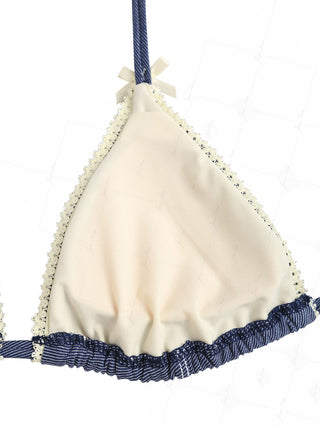 Deep Blue Denim Lace Bowknot Halter Triangle Bikini Top