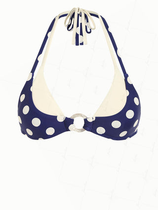 Deep Blue Polka Dot Print O Ring Double Layer Bikini Top