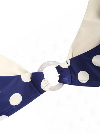 Deep Blue Polka Dot Print O Ring Double Layer Bikini Top