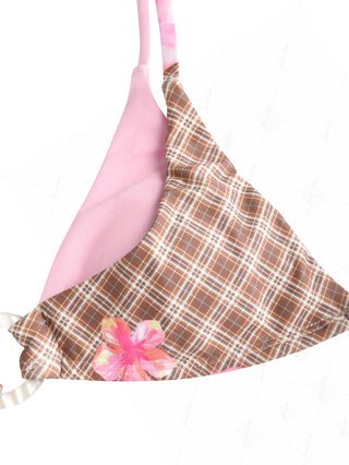 Coffee Plaid Floral Hibiscus Print O Ring Double Layer Bikini Top