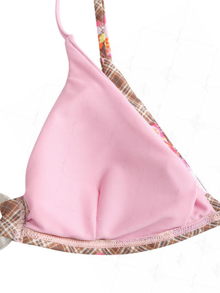 Coffee Plaid Floral Hibiscus Print O Ring Double Layer Bikini Top
