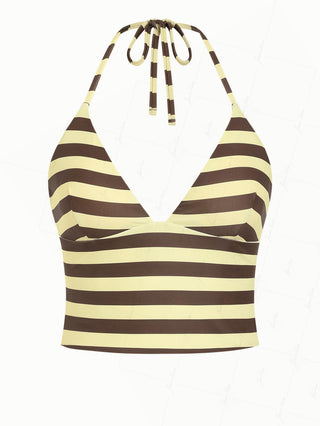 Coffee Striped Polka Dot Halter Tied Back Reversible Tankini Top