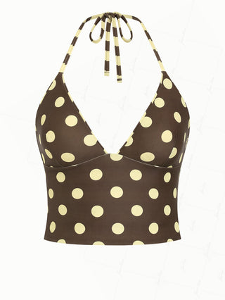 Coffee Striped Polka Dot Halter Tied Back Reversible Tankini Top