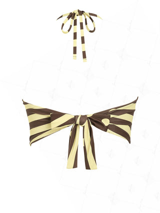 Coffee Striped Polka Dot Halter Tied Back Reversible Tankini Top