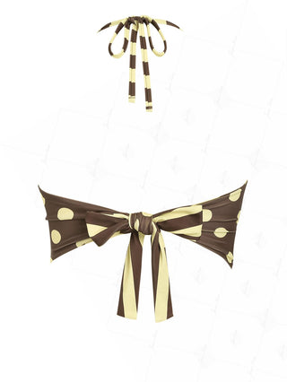 Coffee Striped Polka Dot Halter Tied Back Reversible Tankini Top