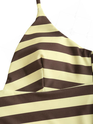 Coffee Striped Polka Dot Halter Tied Back Reversible Tankini Top