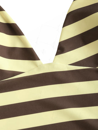 Coffee Striped Polka Dot Halter Tied Back Reversible Tankini Top