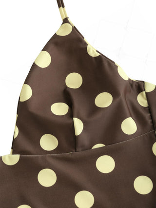 Coffee Striped Polka Dot Halter Tied Back Reversible Tankini Top