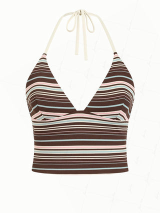 Deep Coffee Ribbed Striped Halter Tied Back Tankini Top