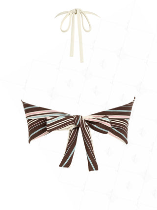Deep Coffee Ribbed Striped Halter Tied Back Tankini Top