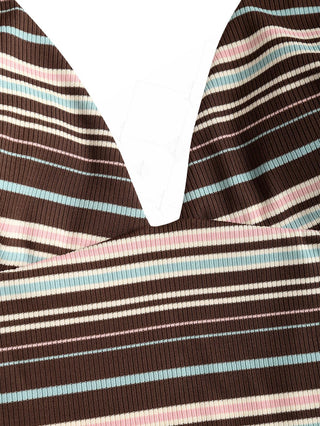 Deep Coffee Ribbed Striped Halter Tied Back Tankini Top