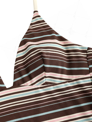 Deep Coffee Ribbed Striped Halter Tied Back Tankini Top