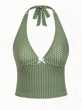 Plant Green Polka Dot Bowknot Deep V Neck Halter Tankini Top