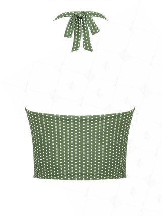 Plant Green Polka Dot Bowknot Deep V Neck Halter Tankini Top