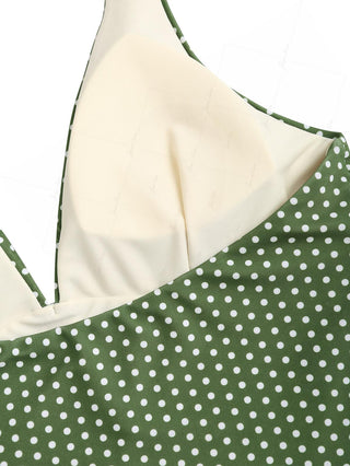 Plant Green Polka Dot Bowknot Deep V Neck Halter Tankini Top