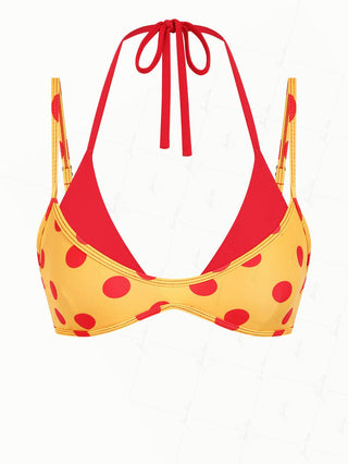 Yellow Polka Dot Print Contrast Color Double Layer Bikini Top