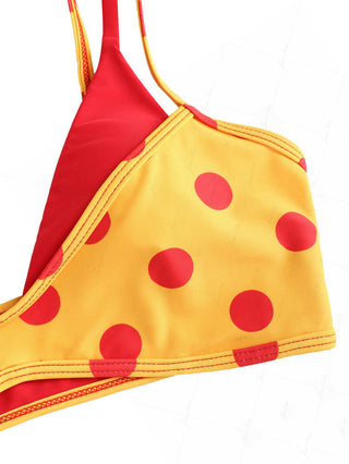 Yellow Polka Dot Print Contrast Color Double Layer Bikini Top