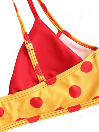 Yellow Polka Dot Print Contrast Color Double Layer Bikini Top