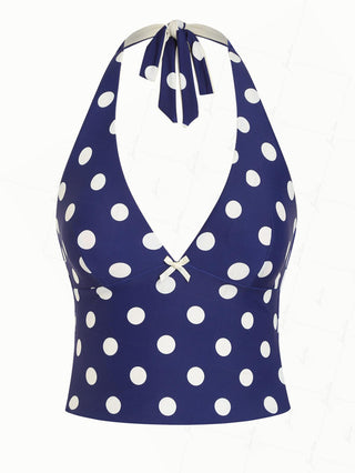 Deep Blue Polka Dot Bowknot Halter Tied Back Tankini Top