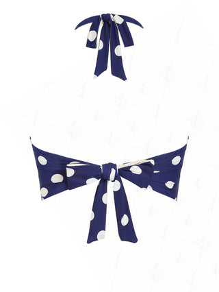 Deep Blue Polka Dot Bowknot Halter Tied Back Tankini Top